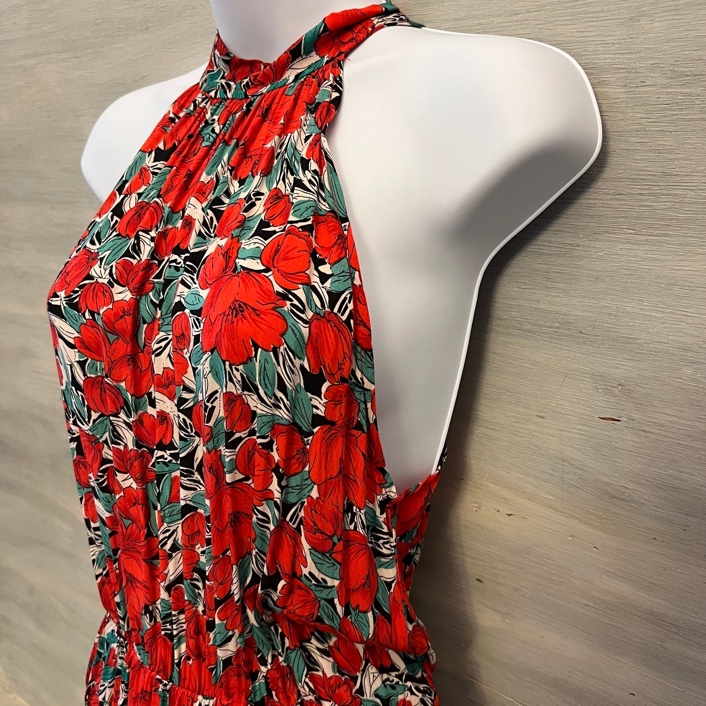 Red Hibiscus Flower Print Halter Neck Racerback High Low Maxi Dress Size Medium Good Condition