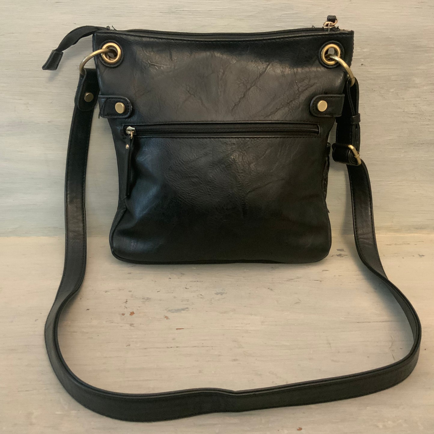 Love One Love All Faux Black Leather Crossbody Shoulder Bag Purse Good Condition