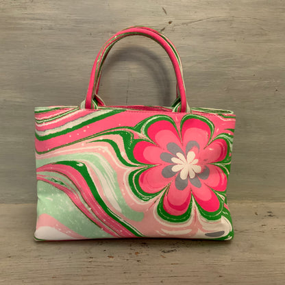 Estée Lauder Hot Pink Green Funky Flower Print Canvas Handbag Purse Like New