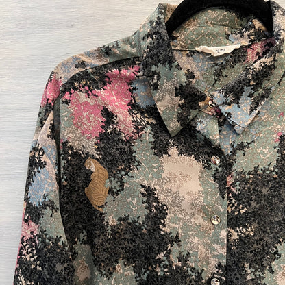 entro Tiger Black Blue Green Pink Floral Print Button Down High Low Blouse Large Good Condition