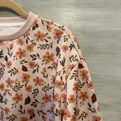 Emery Rose Peach Floral Leaf Print Crew Neck Pullover Sweatshirt Medium Good Condition
