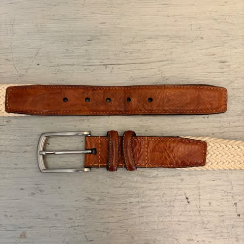 Torino Men's Cream Woven Stretch Belt w/ Brown Leather Trim 47-51" Good Condition