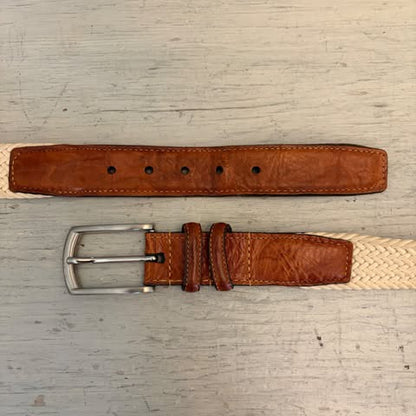 Torino Men's Cream Woven Stretch Belt w/ Brown Leather Trim 47-51" Good Condition