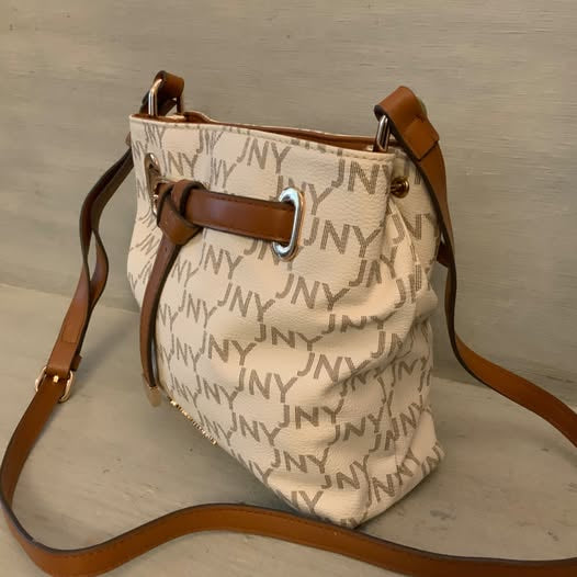 Jones New York White Brown Faux Leather Crossbody Shoulder Bag 8.5x8.5x3 Like New