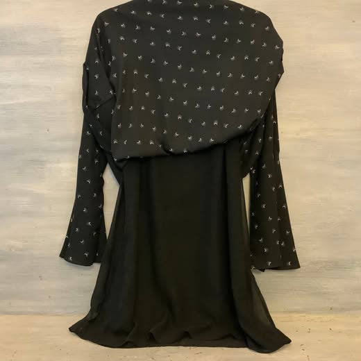 Loft Empire Waist Bell Sleeve Black Silver Crescent Moon Print Dress Medium Like New