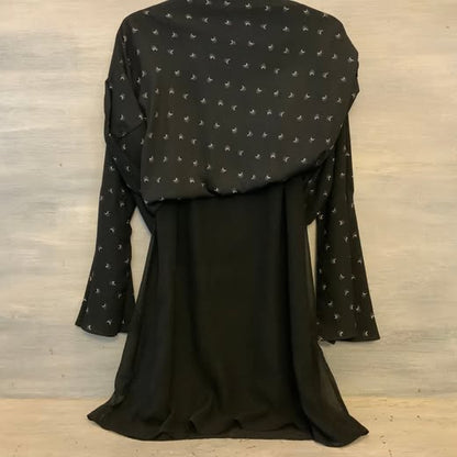 Loft Empire Waist Bell Sleeve Black Silver Crescent Moon Print Dress Medium Like New