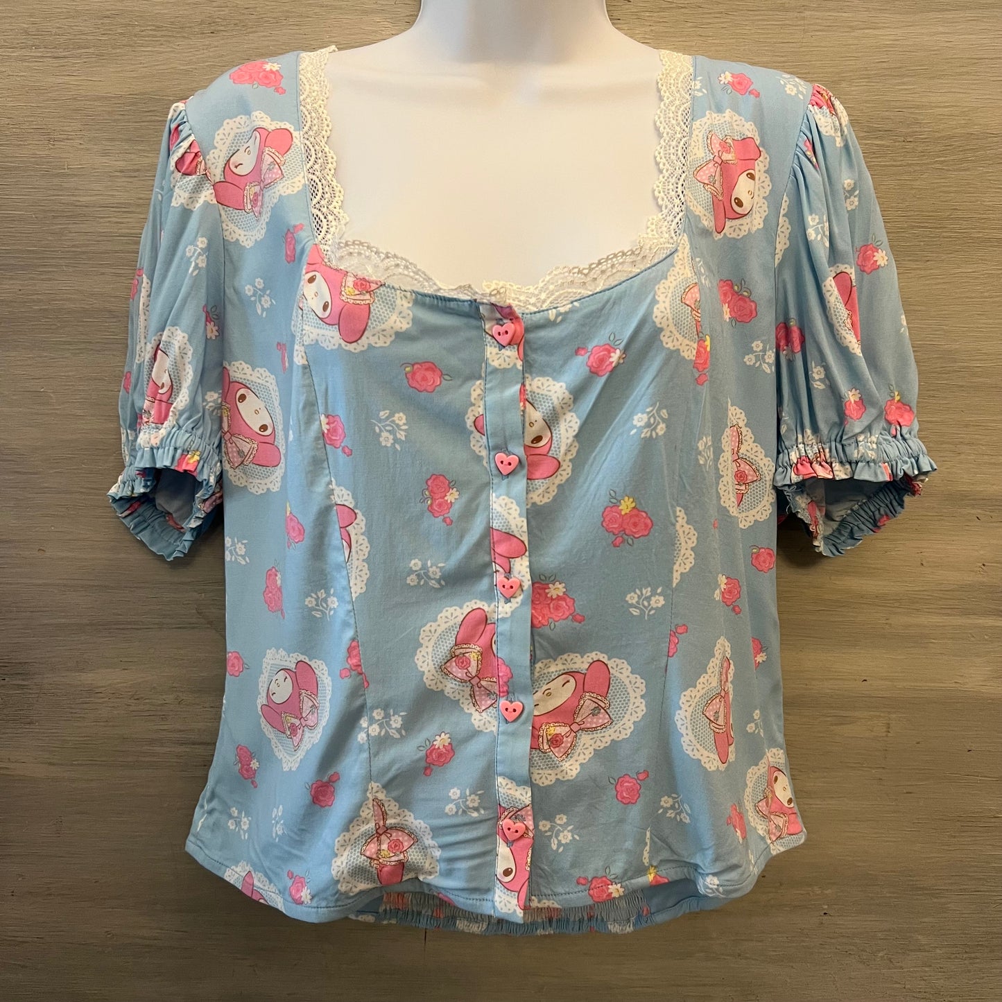 My Melody by Sanrio Multicolor Graphic Print Button Down Crop Top Shirt Size 2XL Good Condition