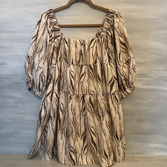 Mustard Seed Beige Tan Zebra Print Puff Sleeve Baby Doll Mini Dress Size Small Like New