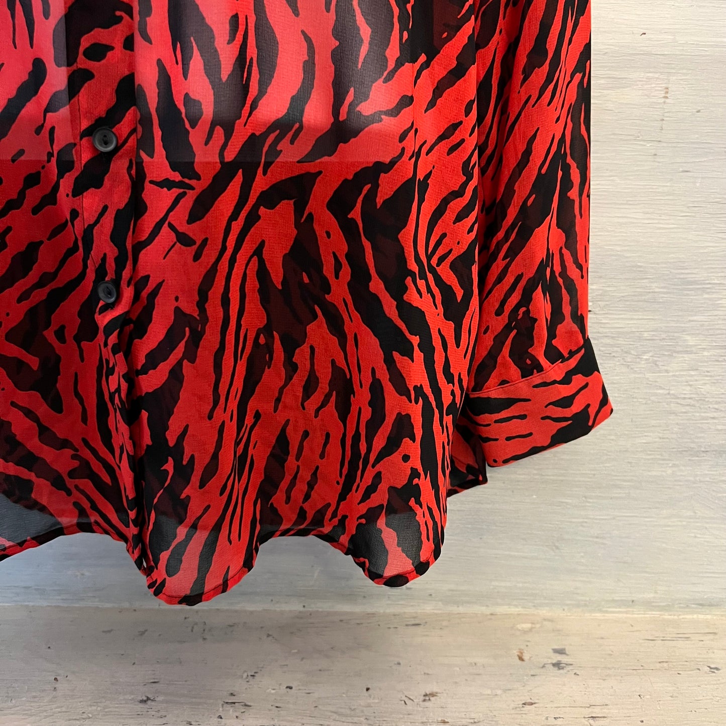 Mint Velvet Red Black Zebra Print Sheer Button Down Blouse Size 16 Like New