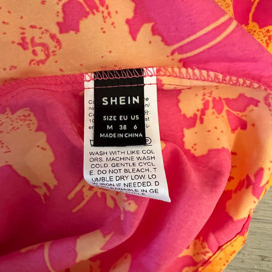 Shein Hot Pink Orange Floral Print High Ruffle Collar Blouse Size Medium Good Condition