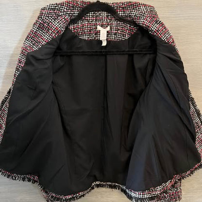 Chico’s Black Pink Fringe Trim Tweed Blazer Jacket Size 0/XS Like New