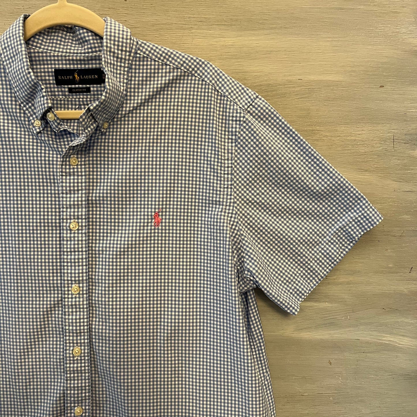 Ralph Lauren 100% Cotton Blue White Buffalo Checked Button Down Shirt Size XL Good Condition