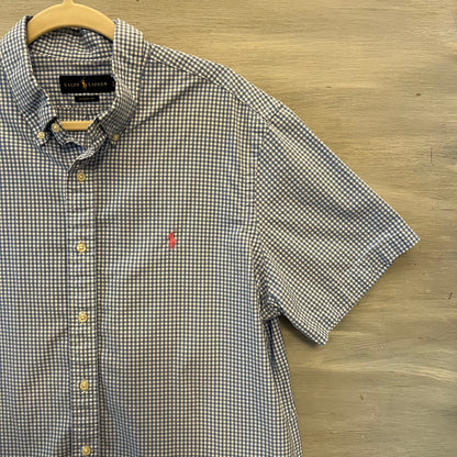 Ralph Lauren 100% Cotton Blue White Buffalo Checked Button Down Shirt Size XL Good Condition