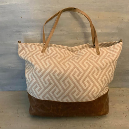 Mossimo Canvas Greek Key Faux Brown Leather and Suede Overnight Weekender Bag Good Condition