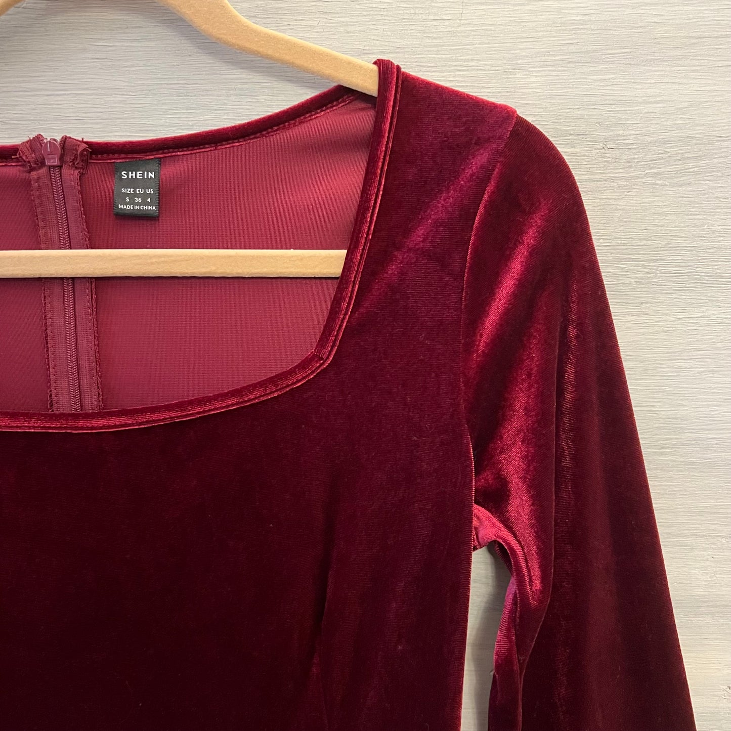 SHEIN Red Velvet Square Neck Long Sleeve Fit & Flare Dress Size Small Like New