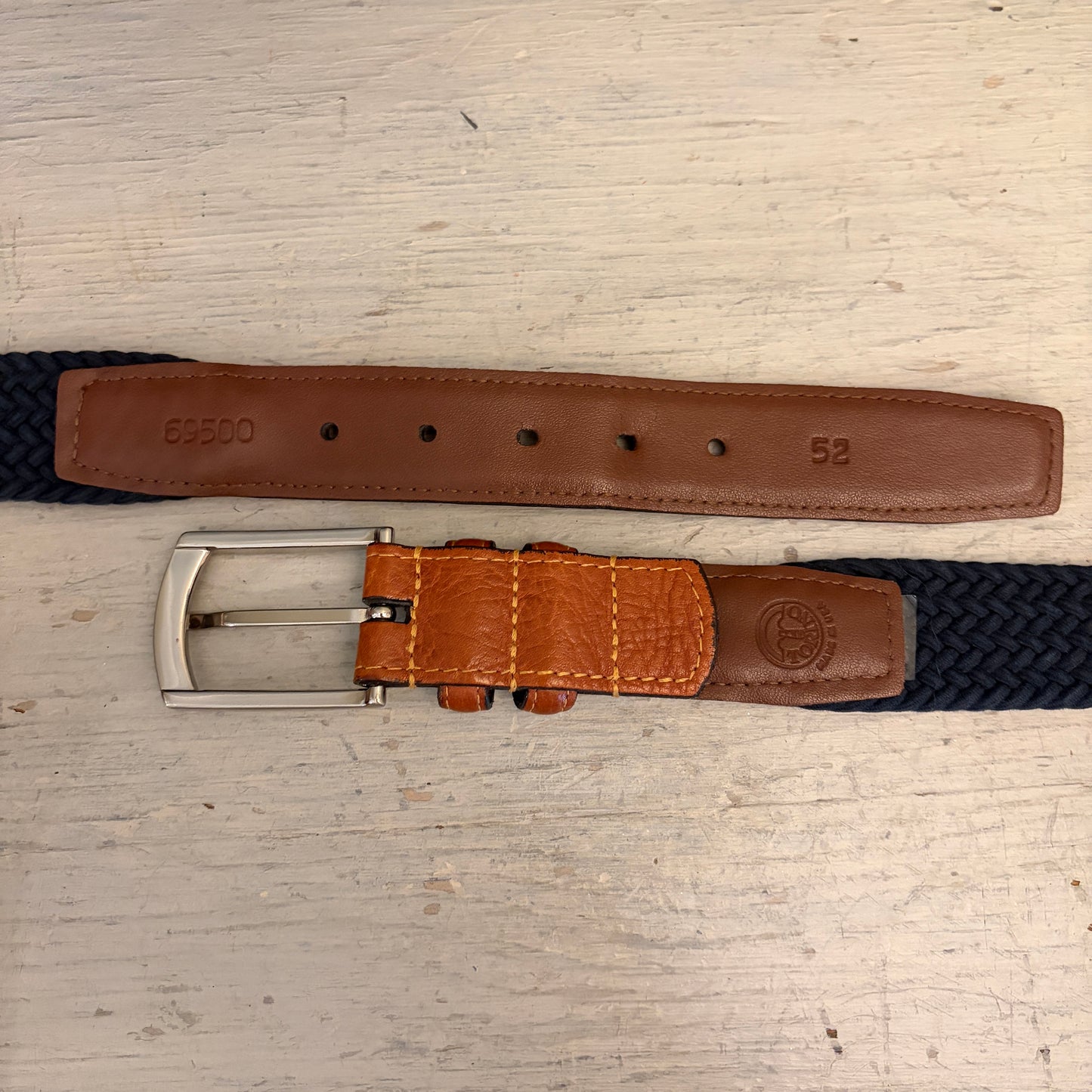 Torino Men's Navy Woven Stretch Belt with Brown Leather Trim 52" Good Condition