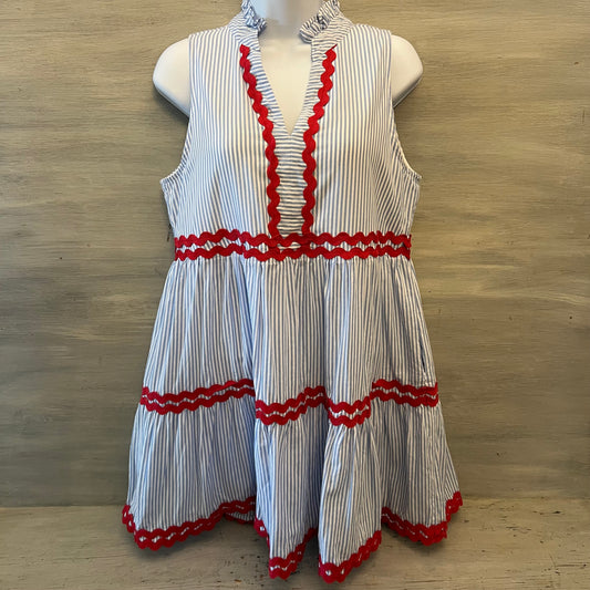 Entro Cotton Blue White Stripe Red Ric Rac Trim Tier Ruffle Mini Sundress Size Small Good Condition