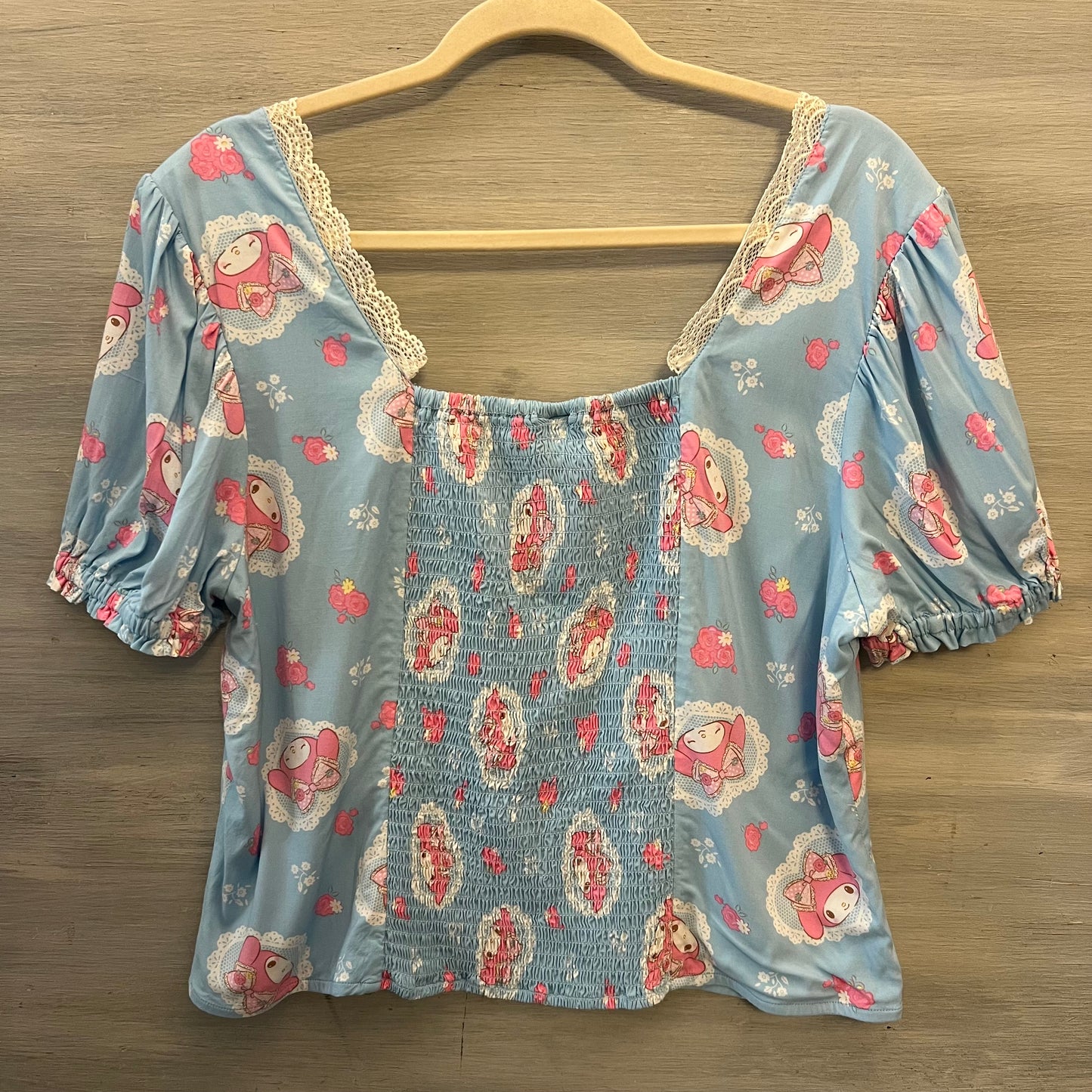 My Melody by Sanrio Multicolor Graphic Print Button Down Crop Top Shirt Size 2XL Good Condition