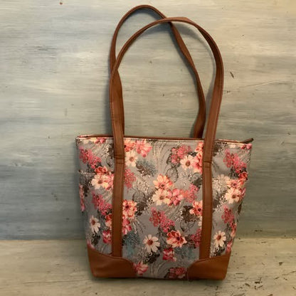 Rosetti Faux Brown Leather Pink Purple Floral Print Shoulder Bag Purse Good Condition