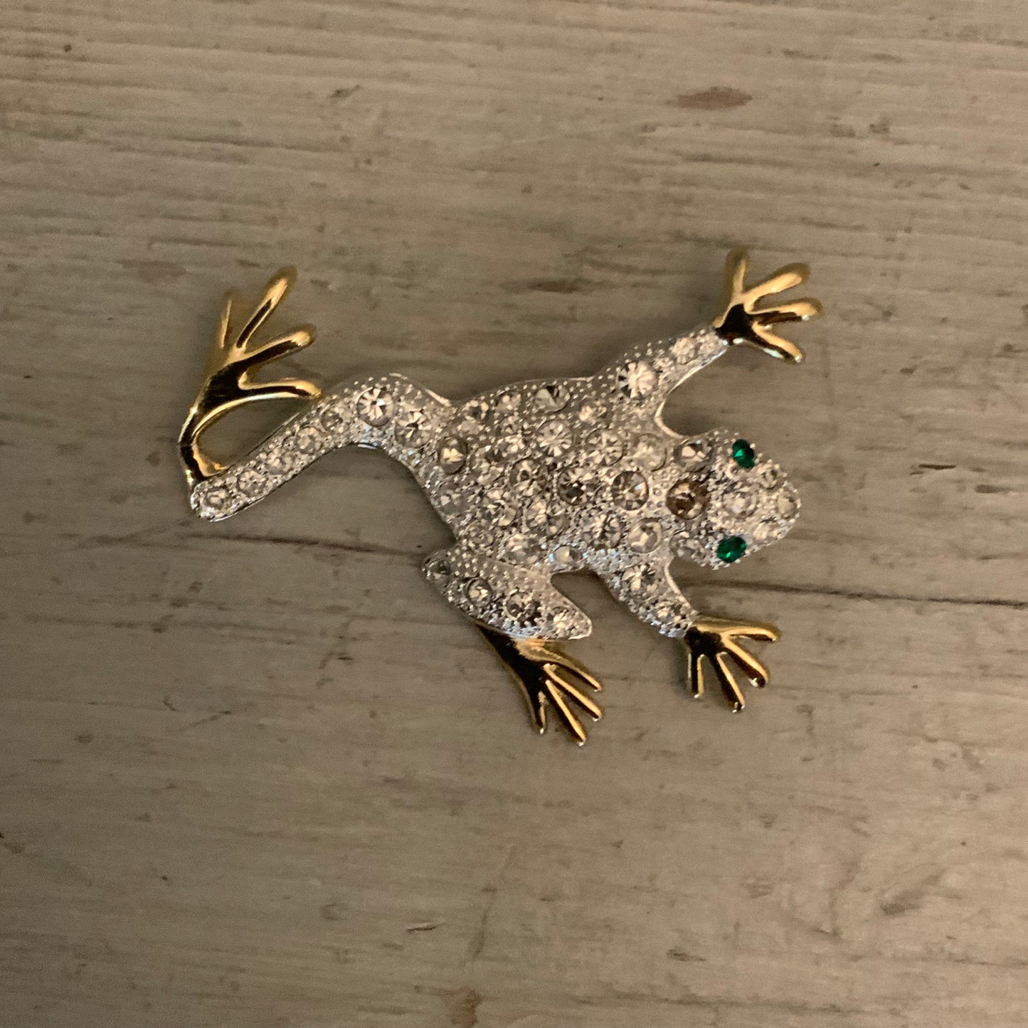 Vintage Silver & Gold Tone Bejeweled Frog Brooch Pin 2.5" Good Condition