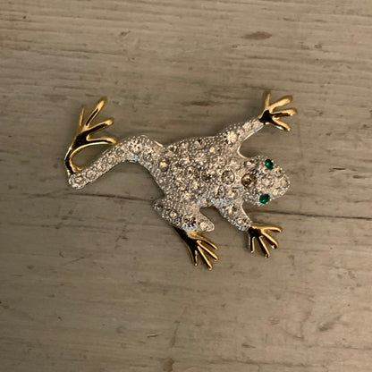 Vintage Silver & Gold Tone Bejeweled Frog Brooch Pin 2.5" Good Condition