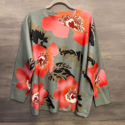 SHEIN Curve Sage Green Large Abstract Hibiscus Flower Crew Neck Sweater Size 3XL New without Tags