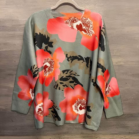 SHEIN Curve Sage Green Large Abstract Hibiscus Flower Crew Neck Sweater Size 3XL New without Tags