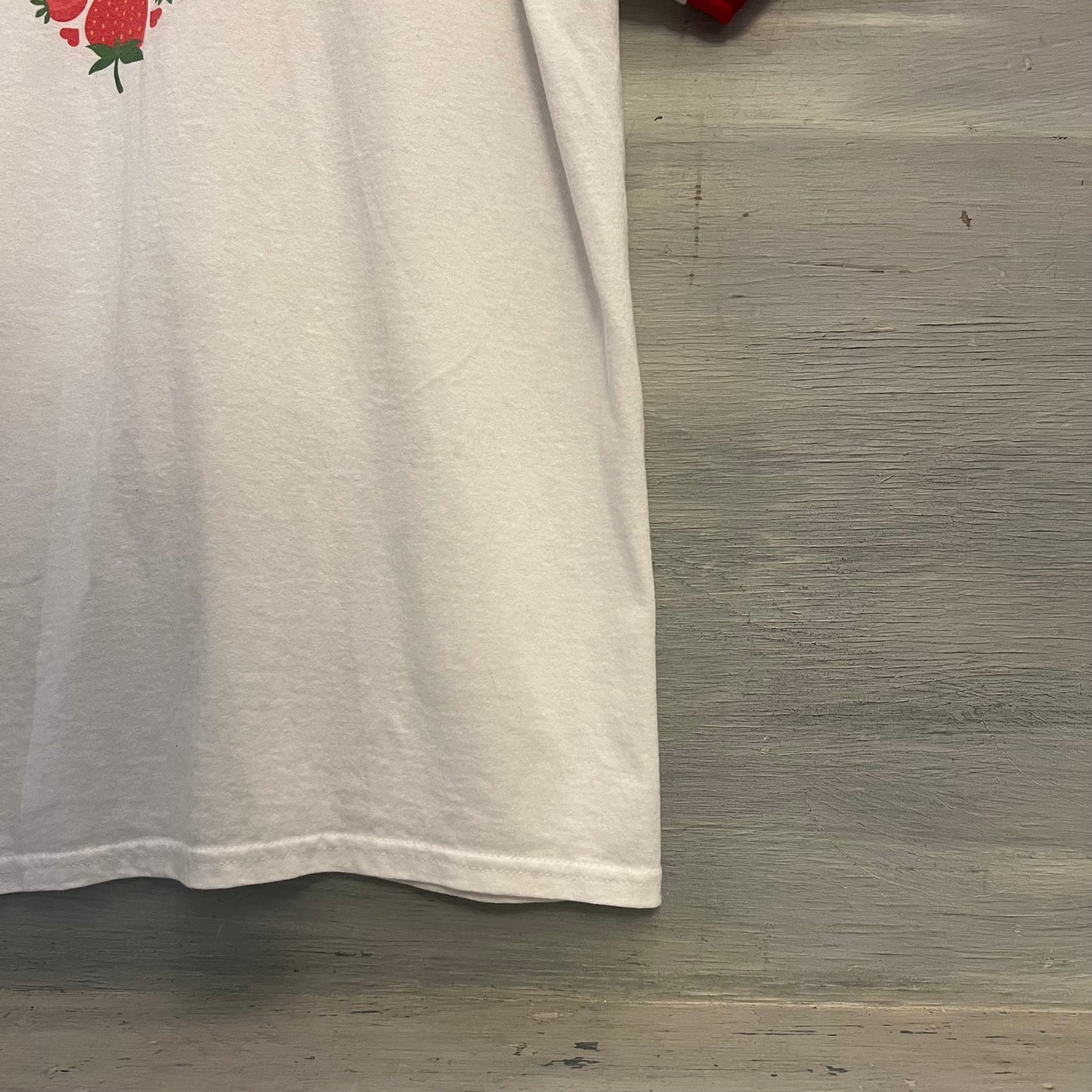 Port & Company Core Cotton White Ringer Strawberry Heart Graphic Tshirt Size Large Good Condition