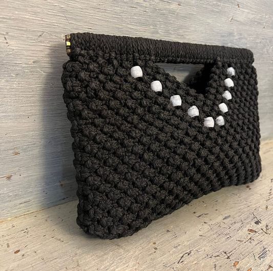 Vintage Handmade Black Beaded Macrame Clutch Handbag Purse Good Condition