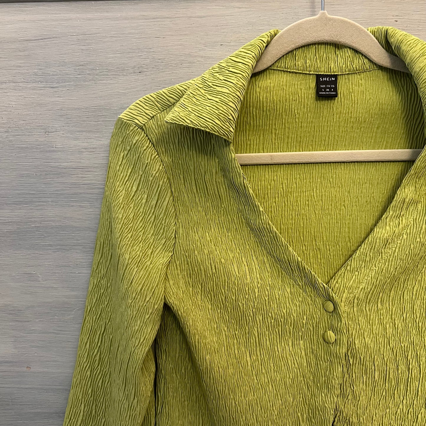 SHEIN Lime Green Crepe Flare Sleeve Two Button Front Blouse Small Like New