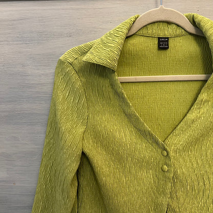 SHEIN Lime Green Crepe Flare Sleeve Two Button Front Blouse Small Like New