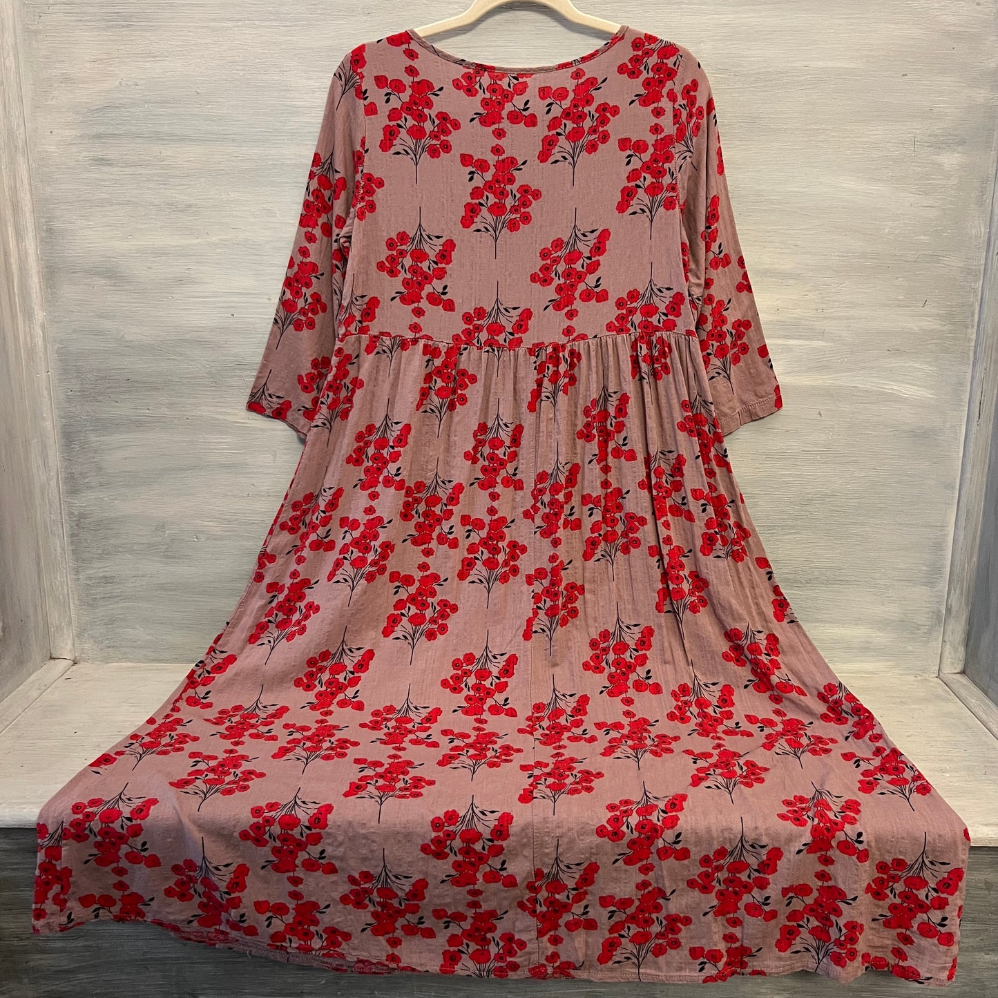 Purple Red Floral Print Crew Neck 3/4 Sleeve Smock Midi Dress Size Medium Like New
