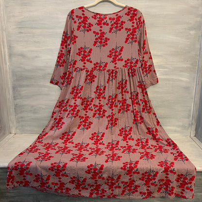 Purple Red Floral Print Crew Neck 3/4 Sleeve Smock Midi Dress Size Medium Like New