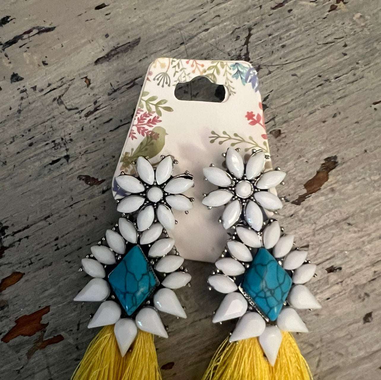 Bahama Mama White Faux Turquoise Beaded Flowers with Yellow Tassels New