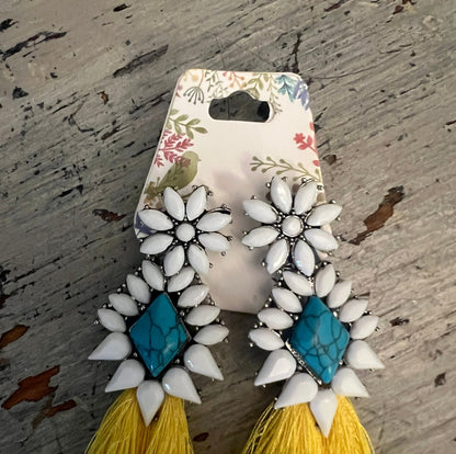 Bahama Mama White Faux Turquoise Beaded Flowers with Yellow Tassels New