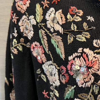 Vintage Heirloom Collectibles Black Floral Embroidered Cardigan Sweater Size Small Good Condition