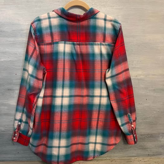 Mossimo Teal Red Plaid 60% Cotton Flannel Button Down Shirt Large Good Condition