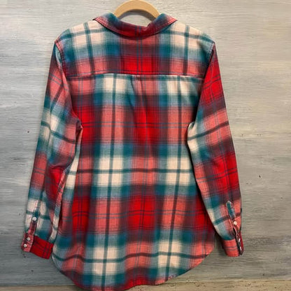 Mossimo Teal Red Plaid 60% Cotton Flannel Button Down Shirt Large Good Condition