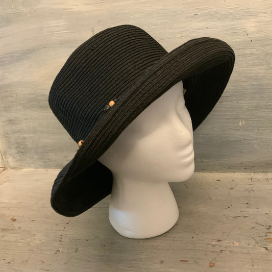 Vintage Liz Claiborne Black Wood Bead Band Sun Hat OS Good Condition