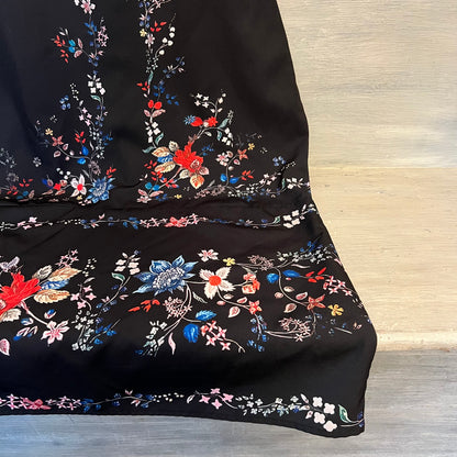 Lovely Black Floral Print Swallow Tail Collar Puff Sleeve Midi Dress Small Like New