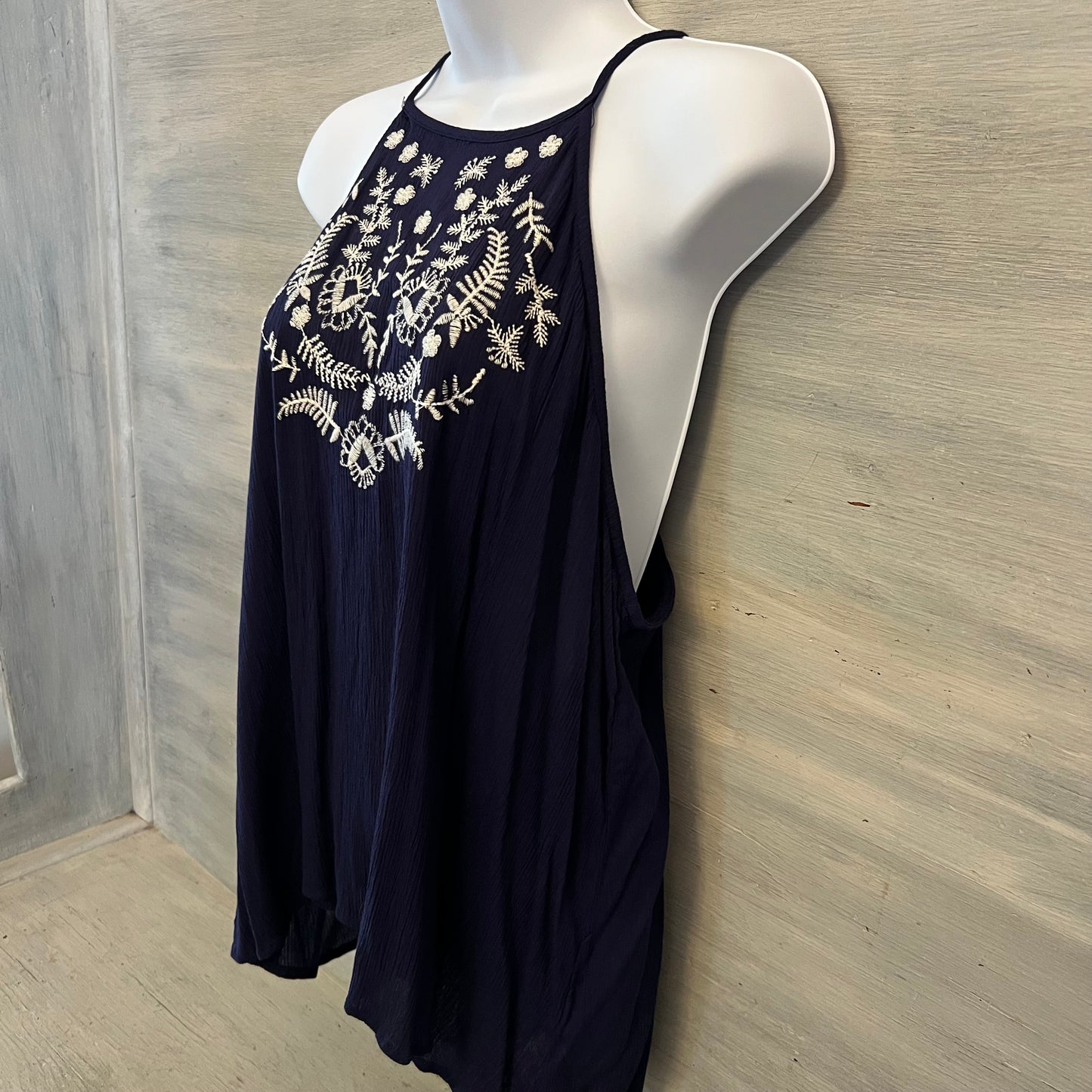 Love Fire Navy Blue White Embroidered Racerback Halter Neck Tank Top Size XL New with Tags