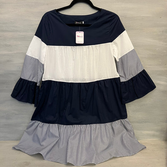 Pop Real White Navy Tiered Color Block Mini Dress w/ 3/4 Bell Sleeves Size Medium New with Tags