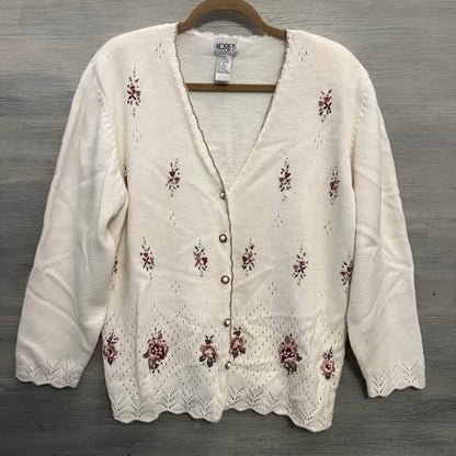 Vintage Koret White Embroidered Beaded Cardigan Sweater 1X Good Condition