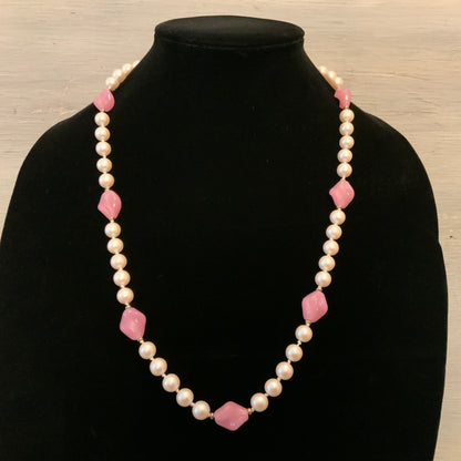 Vintage Faux Pearl with Faux Rose Quartz Alternating String Beaded Necklace Good Condition