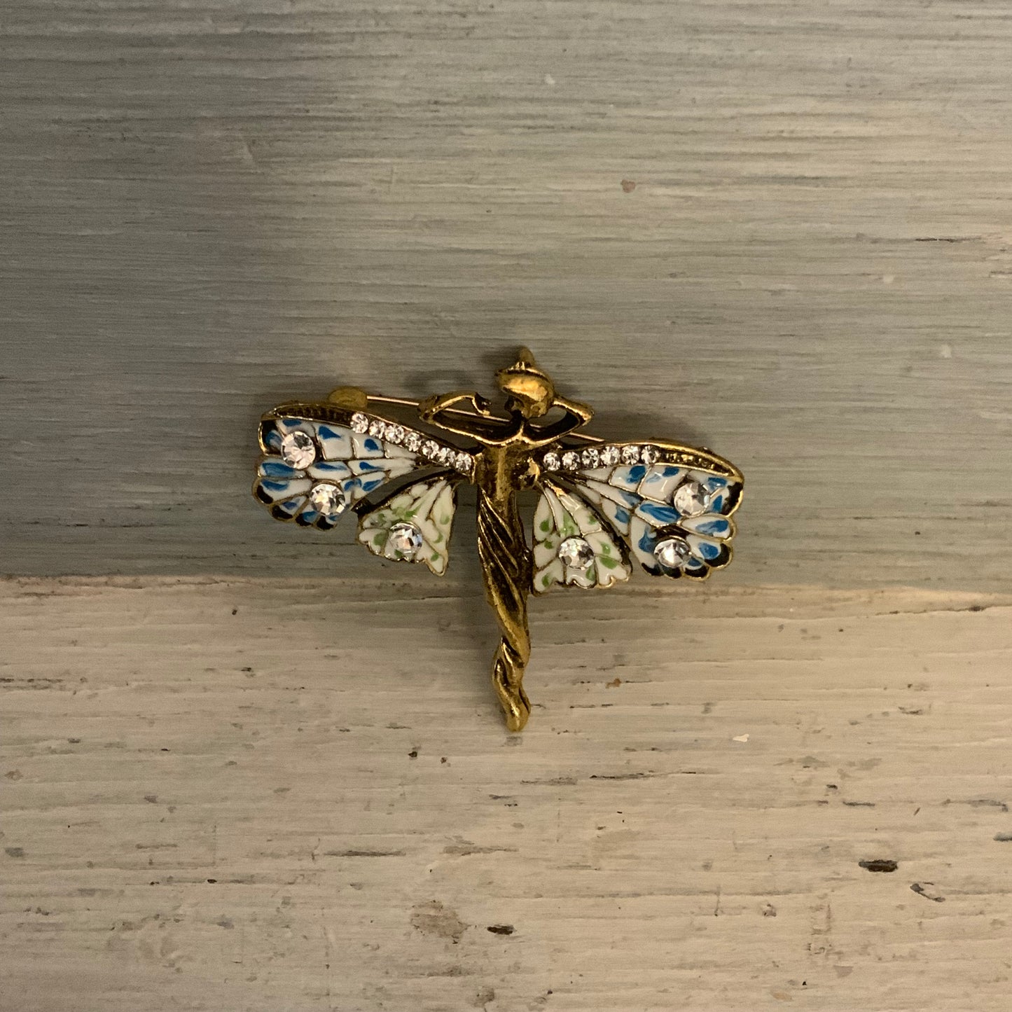 Vintage Gold Tone Dancing Fairy w/ Bejeweled Multicolor Wings Brooch Pin 2x2 Good Condition