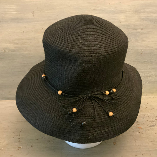 Vintage Liz Claiborne Black Wood Bead Band Sun Hat OS Good Condition