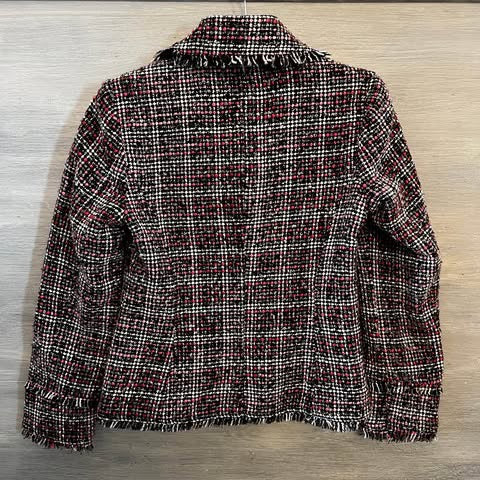 Chico’s Black Pink Fringe Trim Tweed Blazer Jacket Size 0/XS Like New