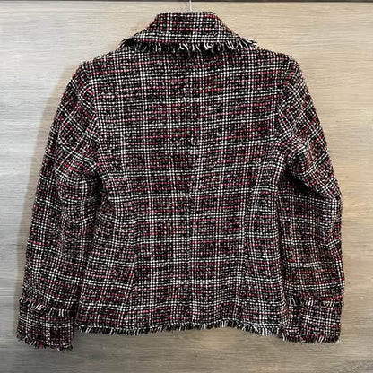 Chico’s Black Pink Fringe Trim Tweed Blazer Jacket Size 0/XS Like New