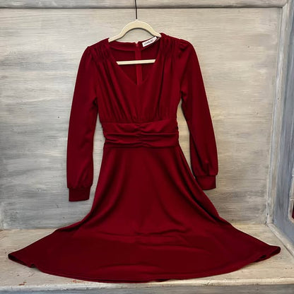 LIUMILAC Red V Neck Fit and Flare Dress Small Like New