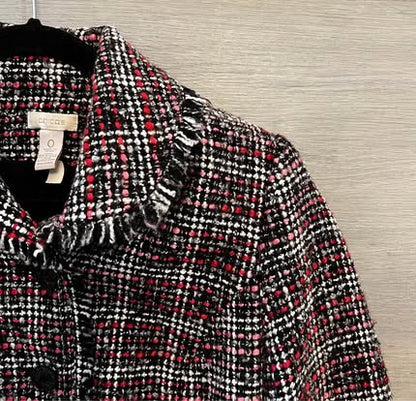 Chico’s Black Pink Fringe Trim Tweed Blazer Jacket Size 0/XS Like New